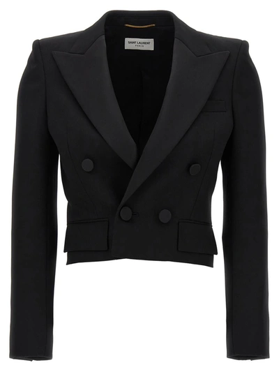 Saint Laurent Women's Cropped Tuxedo Blazer In Grain De Poudre In Black