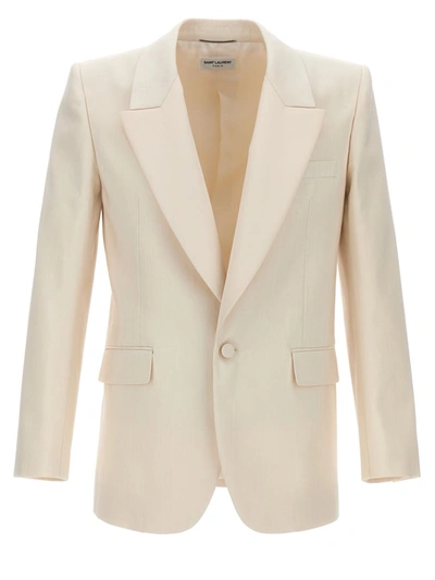 Saint Laurent Silk Single Breast Blazer Jacket In Beige