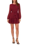 HALOGEN ASYMMETRIC RUFFLE BELTED LONG SLEEVE MINIDRESS