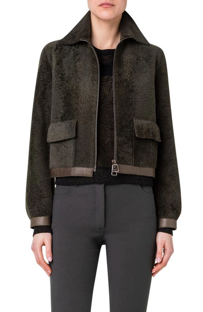 Akris Shearling Short Jacket With Leather Trim In Oregano