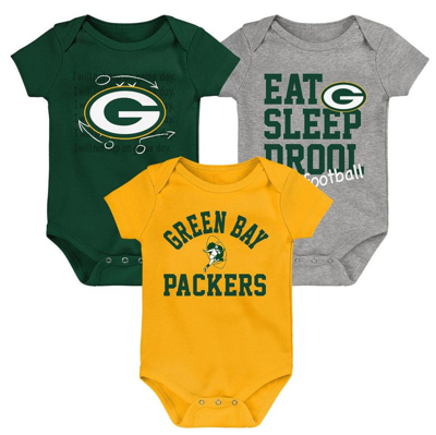 Outerstuff Babies' Newborn & Infant Green/gold/heather Gray Green Bay Packers Three-pack Eat, Sleep & Drool Retro Bodys In Green,gold,heather Gray