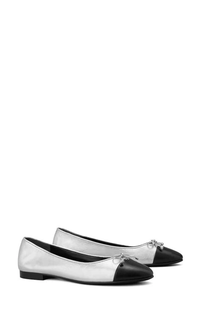 Tory Burch Cap Toe Ballet Flat In Silver / Perfect Black