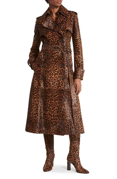 Michael Kors Leopard-print Cowhide Belted Long Trench Coat In Chestnut Multi