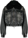 Blumarine Black Jacket With Faux Fur Collar And Logo Embroidery In Stretch Cotton Denim Woman In Grey