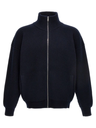 Gucci Logo Embroidery Ribbed Cardigan In Blue