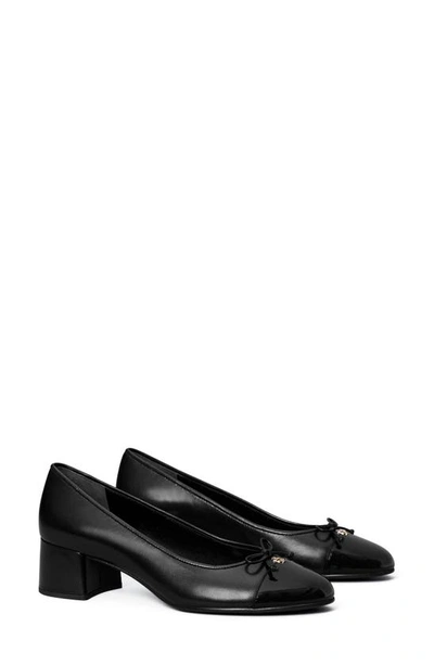 Tory Burch Mixed Leather Cap-toe Ballerina Pumps In Black