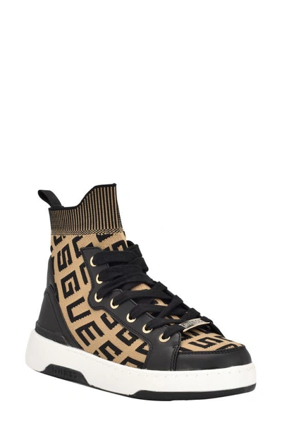 Guess Women's Mannen Knit Lace Up Hi Top Fashion Sneakers In Medium Brown Logo