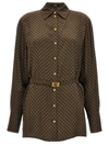Balmain Silk Shirt With A Mini Monogram Print In Brown