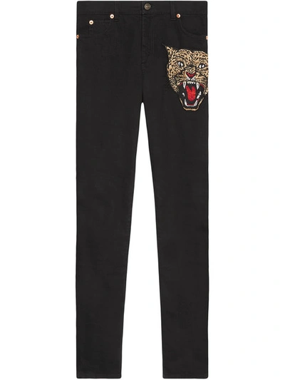 Gucci Angry Cat Embroidered Denim Pants, Black