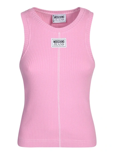 Moschino Logo Patch Ribbed Tank Top In Pink