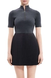 Theory Short-sleeve Pleated Knit Combo Mini Dress In Charcoal Melange