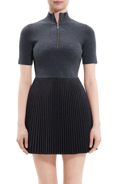 Theory Short-sleeve Pleated Knit Combo Mini Dress In Charcoal Melange