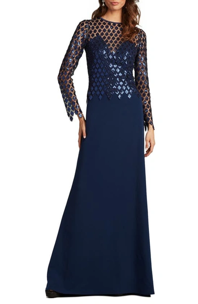 Tadashi Shoji Sequin Illusion & Crepe A-line Gown In Midnight