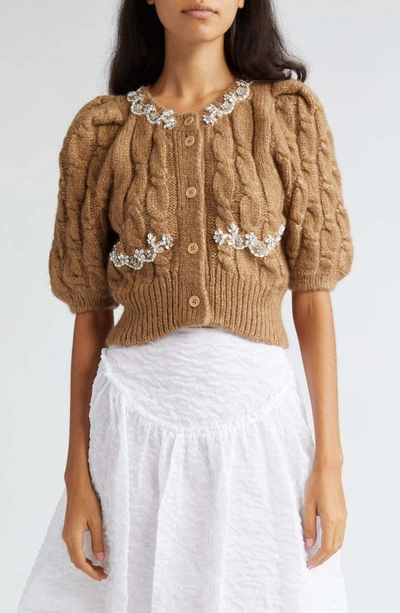 Simone Rocha Puff-sleeve Embellished Cable-knit Wool-blend Cropped Cardigan In Camel