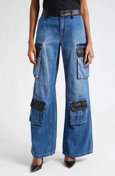 Alice And Olivia Joette Low-rise Combo Vegan Leather Cargo Jeans In Denim