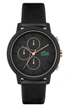 LACOSTE 12.12 CHRONOGRAPH SILICONE STRAP WATCH, 44MM