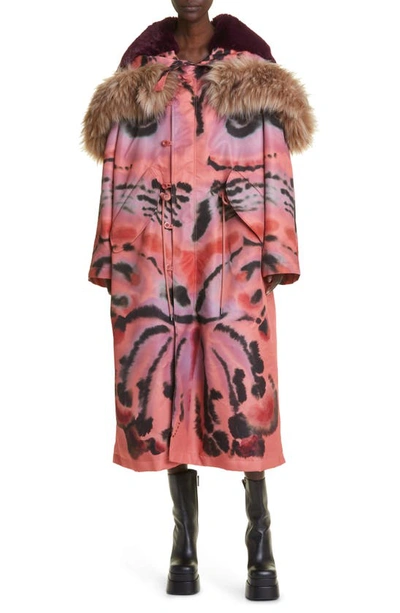 Altuzarra Apollo Abstract Print Faux Fur Detail Hooded Coat In Persian Rose Rorschach