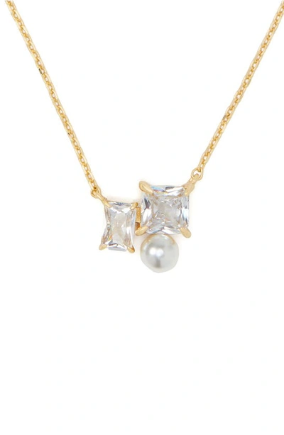 Kate Spade Gold-tone Cubic Zirconia & Imitation Pearl Cluster Pendant Necklace, 16" + 3" Extender In Clear,gold
