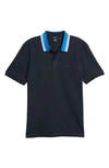 Hugo Boss Cotton-piqu Slim-fit Polo Shirt With Striped Collar In Dark Blue