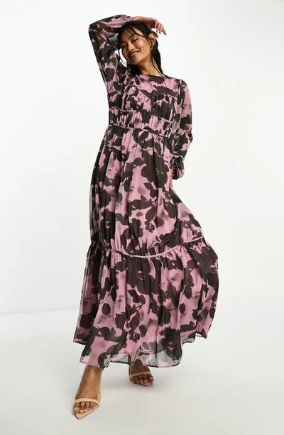 Asos Design Channel Waist Maxi Dress In Black And Purple Print-multi