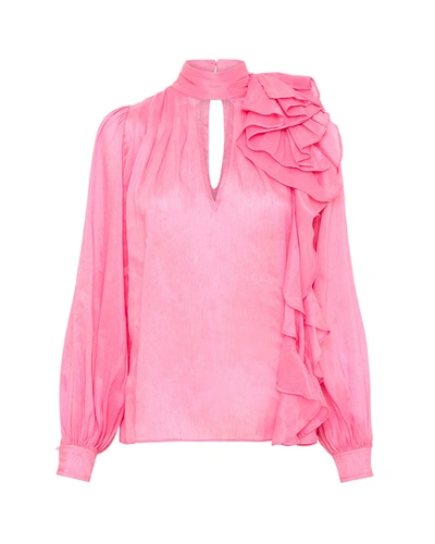 Aje Aura Frilled-tie Keyhole Silk Linen Blouse In Pink
