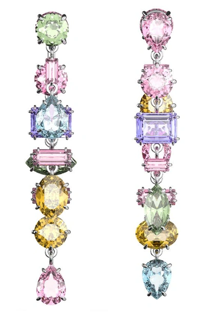 Swarovski Gema Multicolor Mixed Cut Linear Front To Back Earrings In Rhodium Plated In Neutral