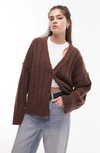 Topshop Knitted Fluffy V-neck Wide Rib Cardigan In Brown