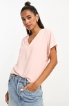 Asos Design V-neck Woven Tee In Rose-pink In Light Pink