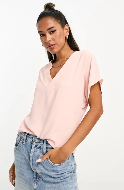 Asos Design V-neck Woven Tee In Rose-pink