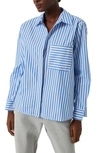 French Connection Thick Stripe Relaxed Fit Popover Shirt In White/blue