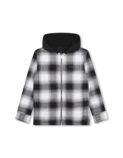 Givenchy Kids' Black And White Check Hooded Overshirt In Nero