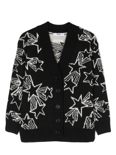 Msgm Kids' Patterned Intarsia-knit V-neck Cardigan In Nero