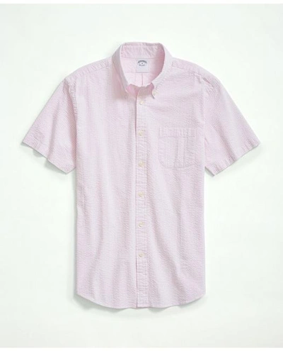 Brooks Brothers Washed Cotton Seersucker Button-down Collar, Stripe Short-sleeve Sport Shirt | Pink | Size Xs