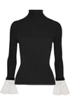PHILOSOPHY DI LORENZO SERAFINI Velvet and lace-trimmed ribbed-knit turtleneck sweater