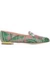 CHARLOTTE OLYMPIA FLAMINGO LEATHER-TRIMMED EMBROIDERED CANVAS SLIPPERS