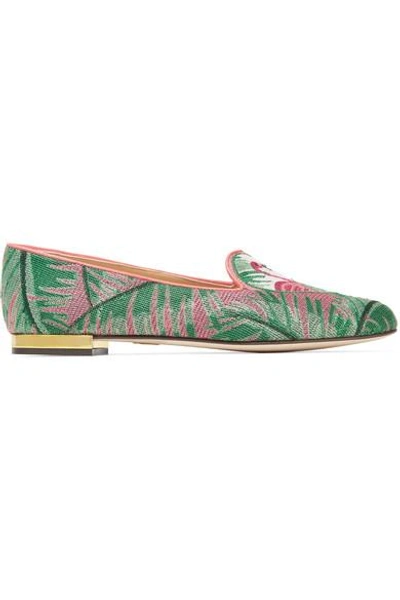 Charlotte Olympia Flamingo Leather-trimmed Embroidered Canvas Slippers In Print