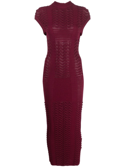 Balmain Chevron 3d Knit Mock-neck Midi Dress In Red