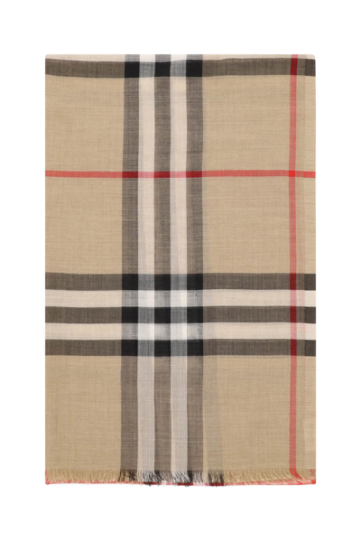 Burberry Check Motif Wool And Silk Blend Scarf In Brown