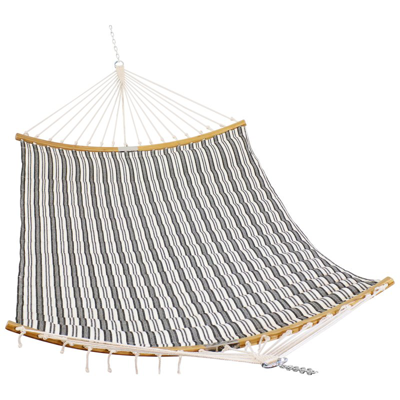 Sunnydaze Decor Double Hammock Quilted With Curved Foldable Spreader Bar Neutral Stripe Outdoor In White