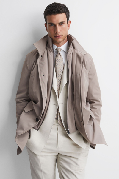 Reiss Player - Taupe Funnel Neck Removable Insert Jacket, L