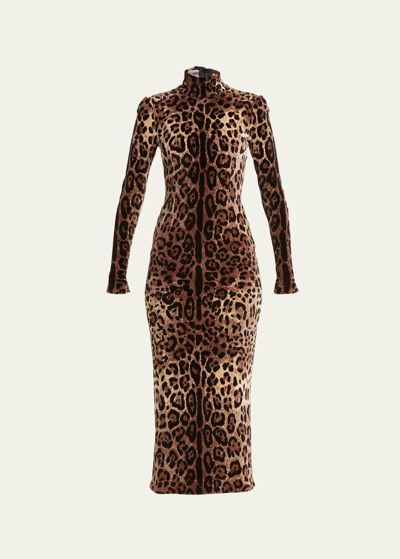 Dolce & Gabbana Leopard Jacquard Chenille High-neck Midi Dress In Print Leo