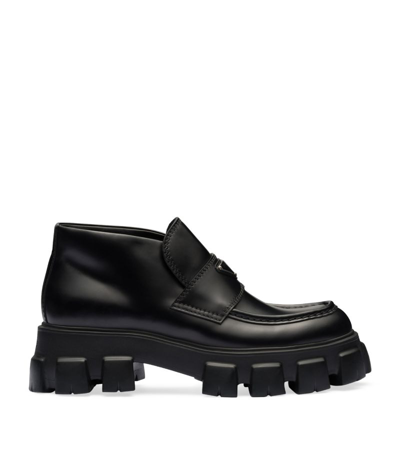 Prada Monolith Patent Leather Flatform Loafers In Black