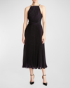 HALSTON SERENITY SLEEVELESS PLEATED FOIL CHIFFON MIDI DRESS