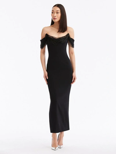 Oscar De La Renta Draped Bugle Beaded Off-the-shoulder Column Gown In Black