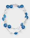 MARGO MORRISON DENIM LAPIS, COATED MOONSTONE, PYRITE AND COIN PEARL NECKLACE, 35"L