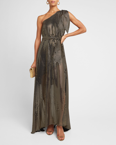 Halpern Metallic Polka-dot Knot One-shoulder Draped Gown In Black