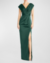 Theia Acari Pleated Satin Column Gown In Pine