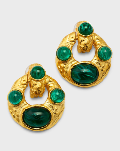 Kenneth Jay Lane 22k Gold Plated Stone Doorknoecker Clip-on Earrings In Emerald