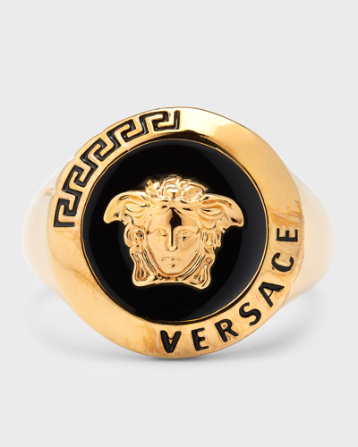 Versace Men's Enamel Medusa Signet Ring In  Gold Blac