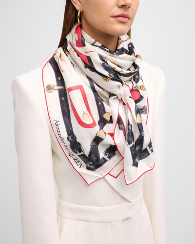 Alexander Mcqueen Graphic-print Silk Scarf In Ivory Red